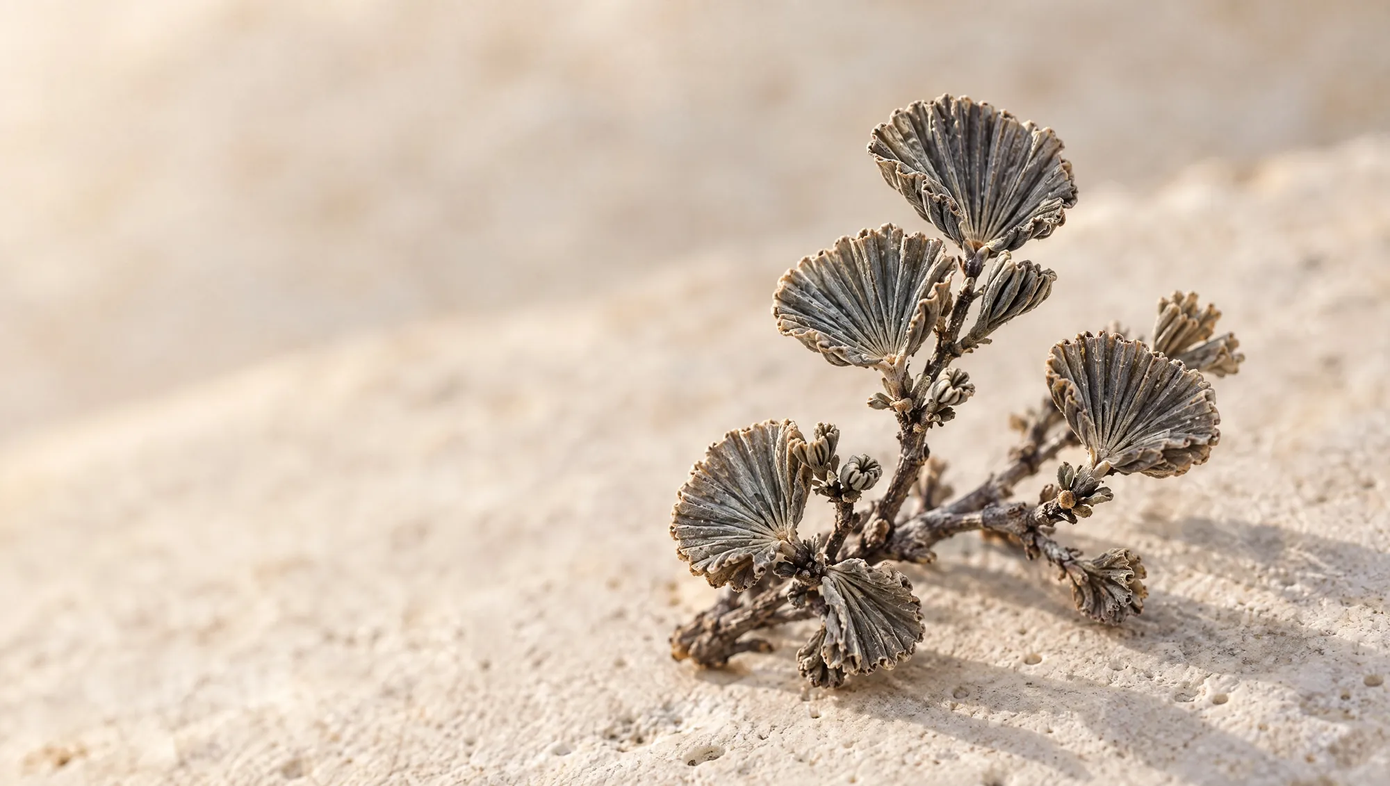 A dry, dormant resurrection plant sprig on limestone with folded grey-brown leaves