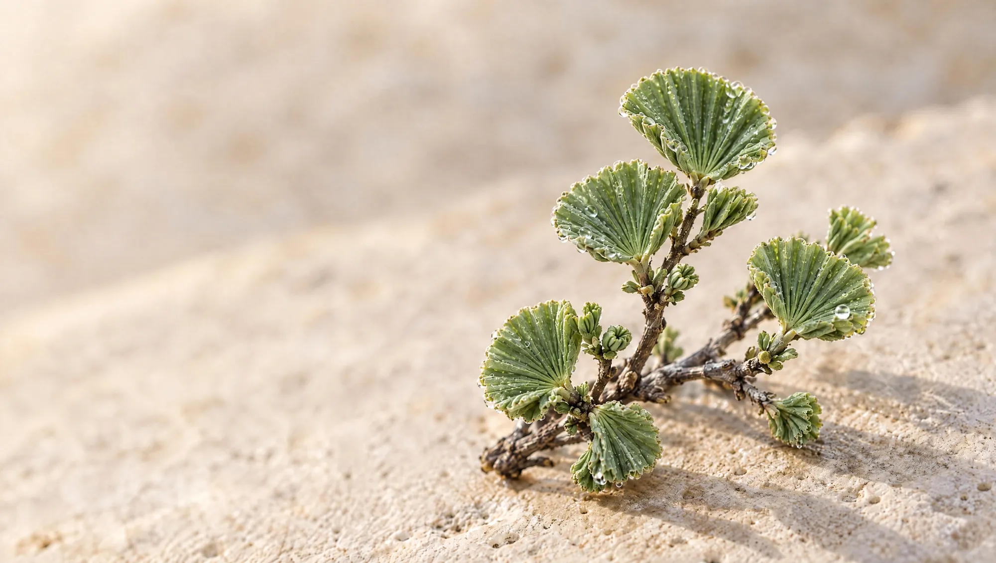 The same sprig revived: fan-shaped leaves open and sage green with water droplets