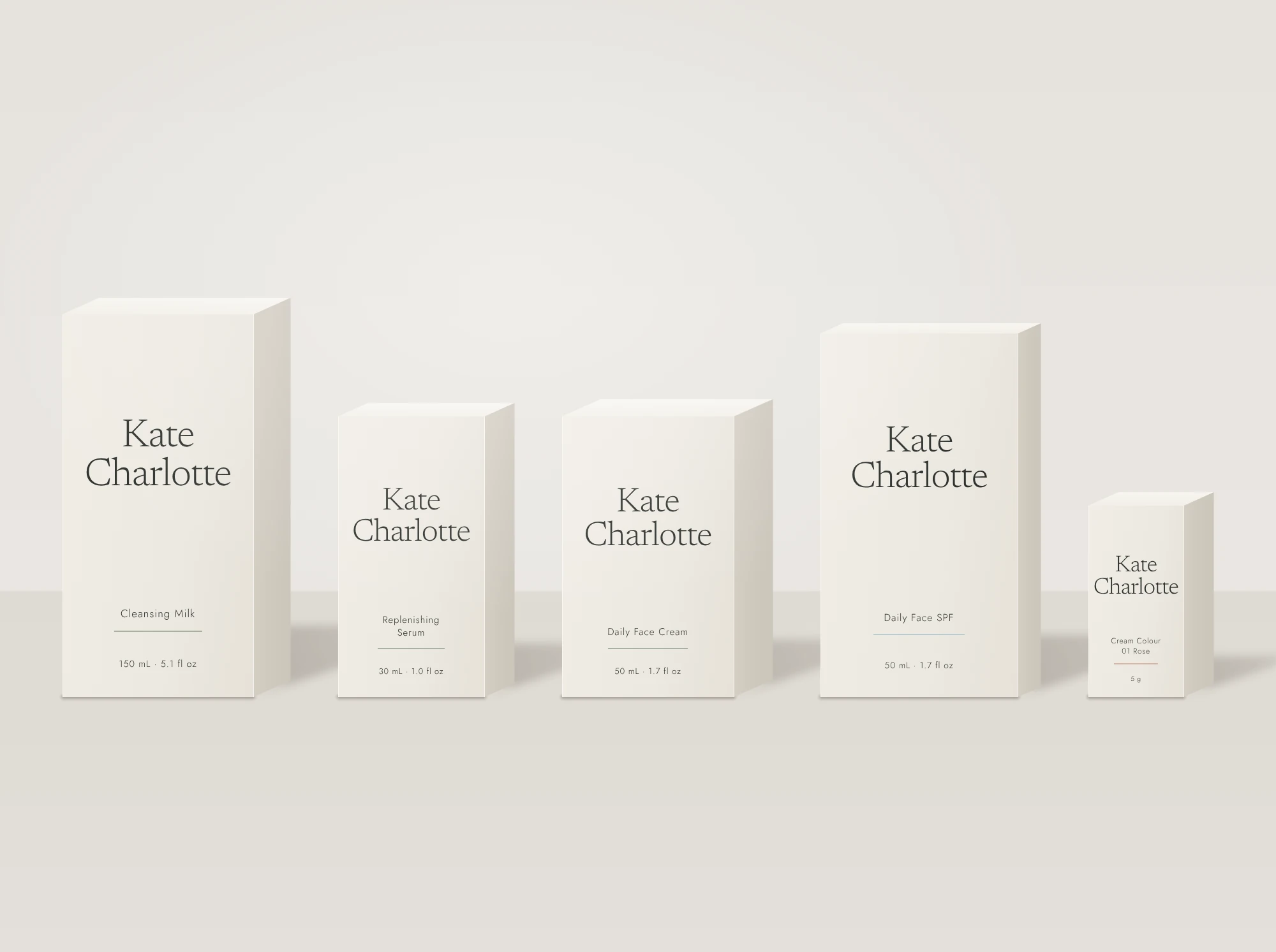 The carton family in ivory, each carton proportioned to its product: Cleansing Milk, Replenishing Serum, Daily Face Cream, Daily Face SPF and Cream Colour