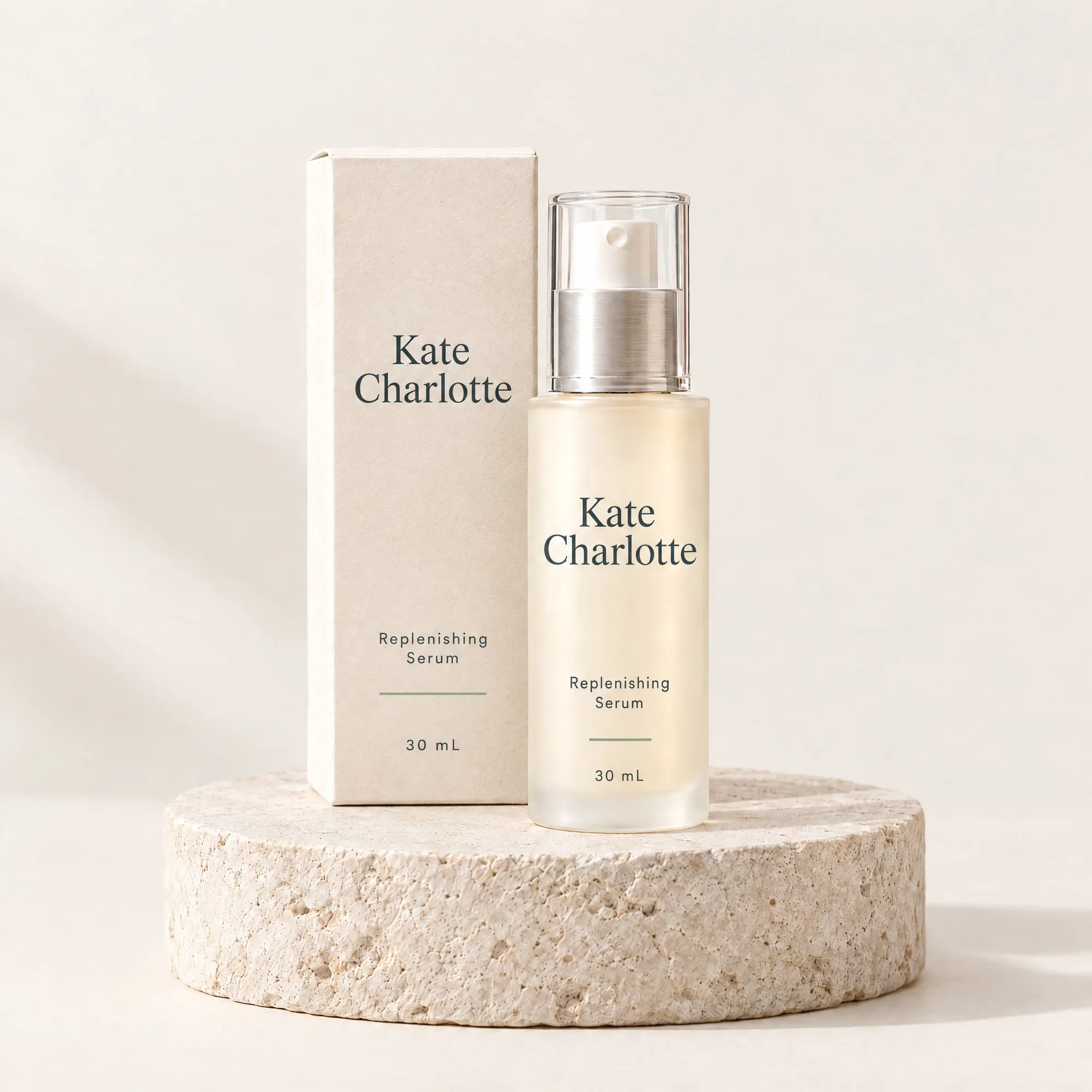 Replenishing Serum beside its ivory carton with the wordmark at the upper middle