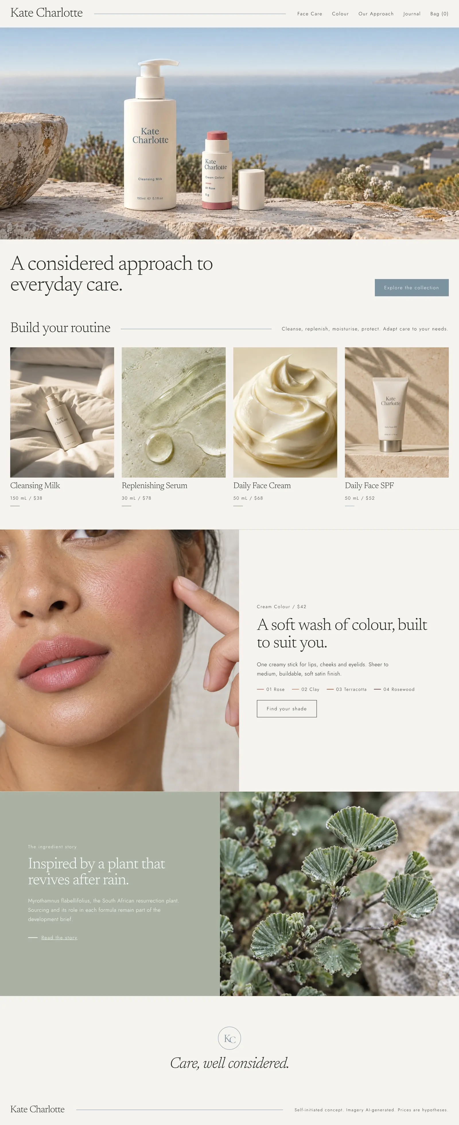 Kate Charlotte homepage concept: hero above the sea, routine of four products, Cream Colour shades, the ingredient story