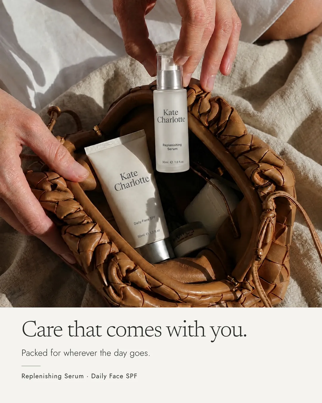 Care that comes with you: Replenishing Serum and Daily Face SPF in a woven bag