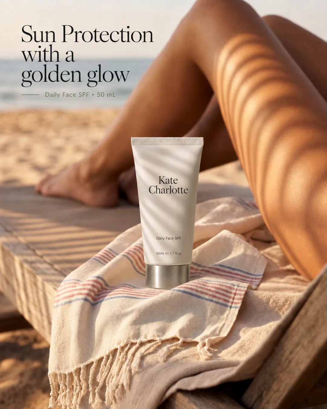 Daily Face SPF on a beach towel