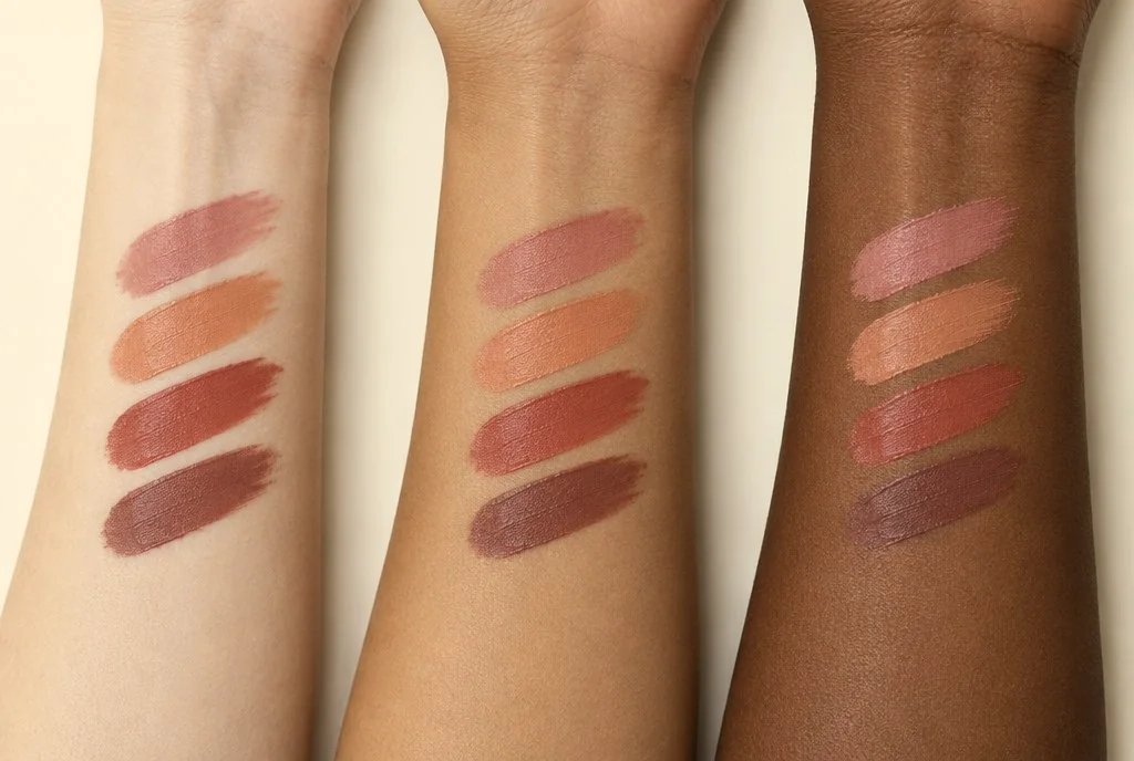 The four shades swatched on light, medium and deep skin