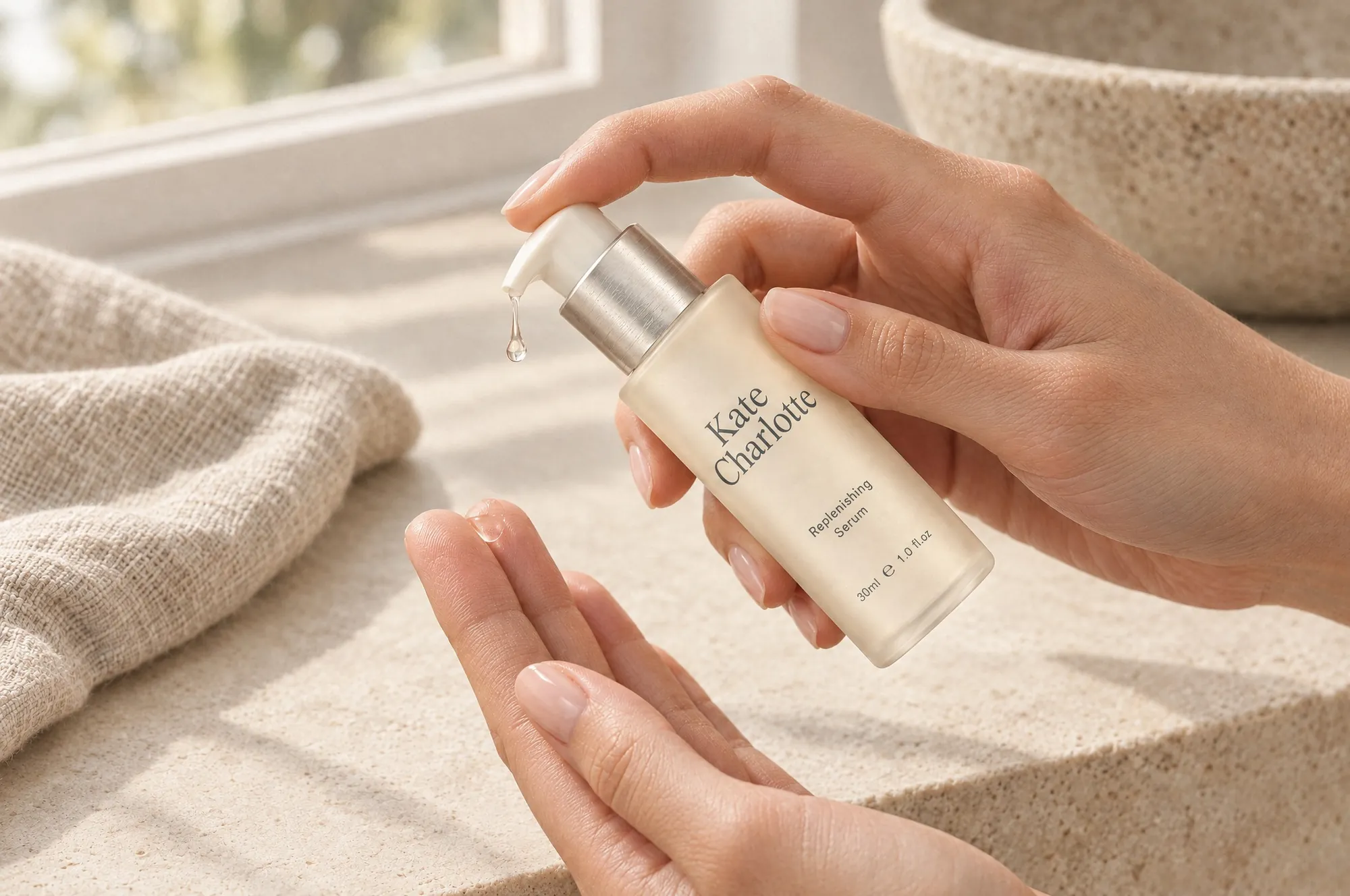 Hands dispensing the Replenishing Serum