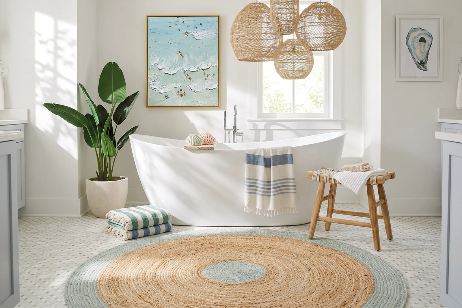 A bright bathroom with a freestanding bath, striped Turkish towels and a round jute rug