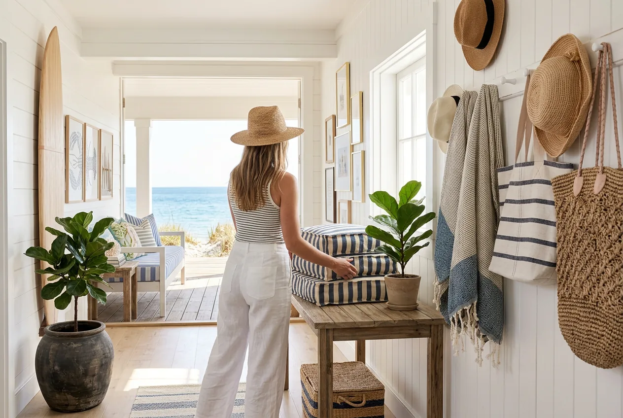 Hats, totes and Turkish towels on hooks in a sunny beach house hall
