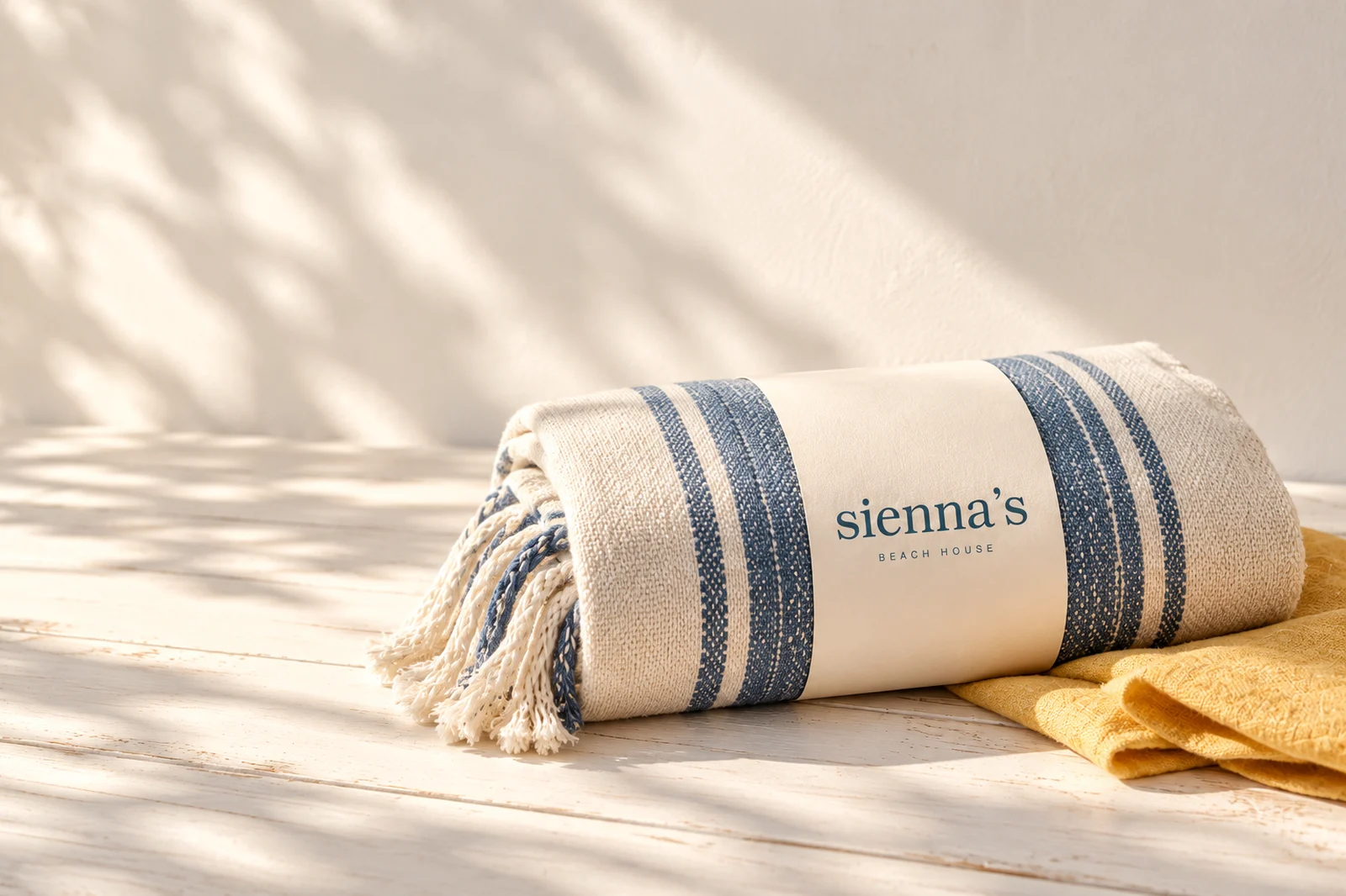 A rolled Turkish throw with its Sienna's paper band, in late sun on a whitewashed floor