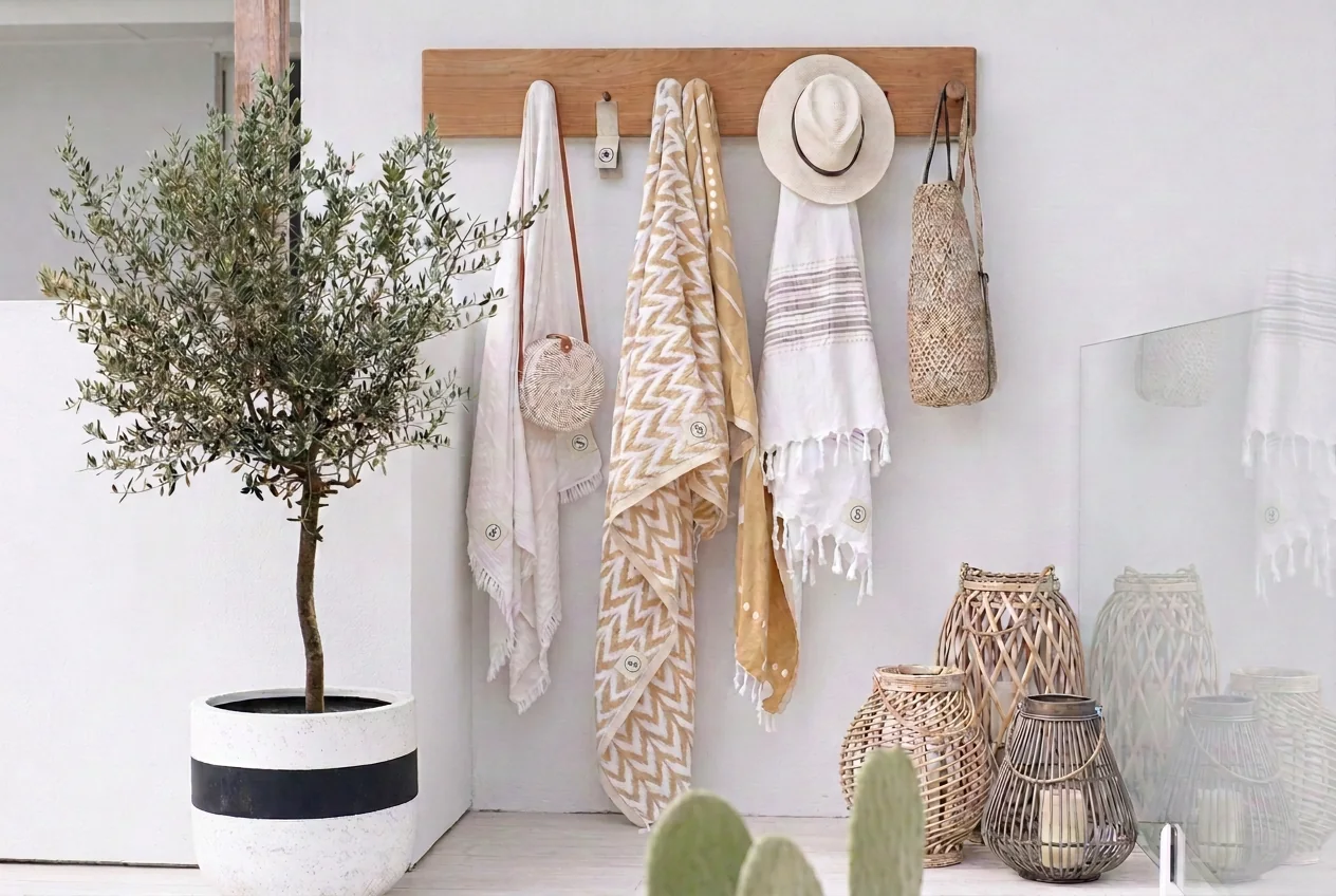 Turkish towels, a straw hat and baskets on a peg rail