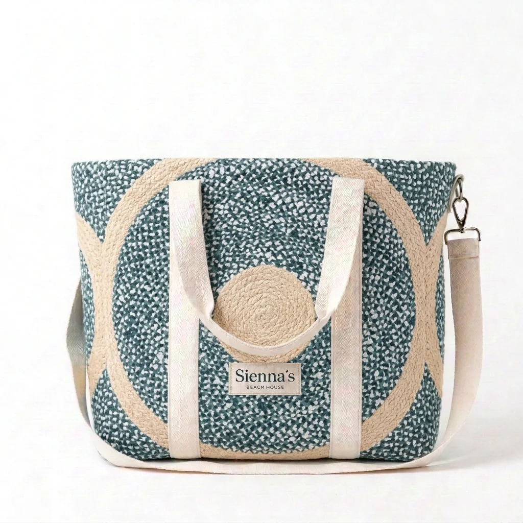 Jute Circle Tote in lagoon and natural
