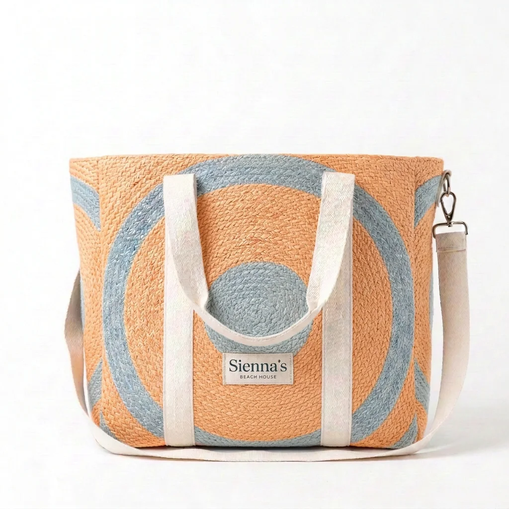 Jute Circle Tote in peach and mist