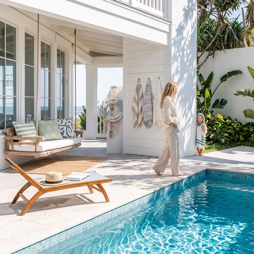 By the pool: Turkish towels on the hooks, Sienna and her daughter in a poncho