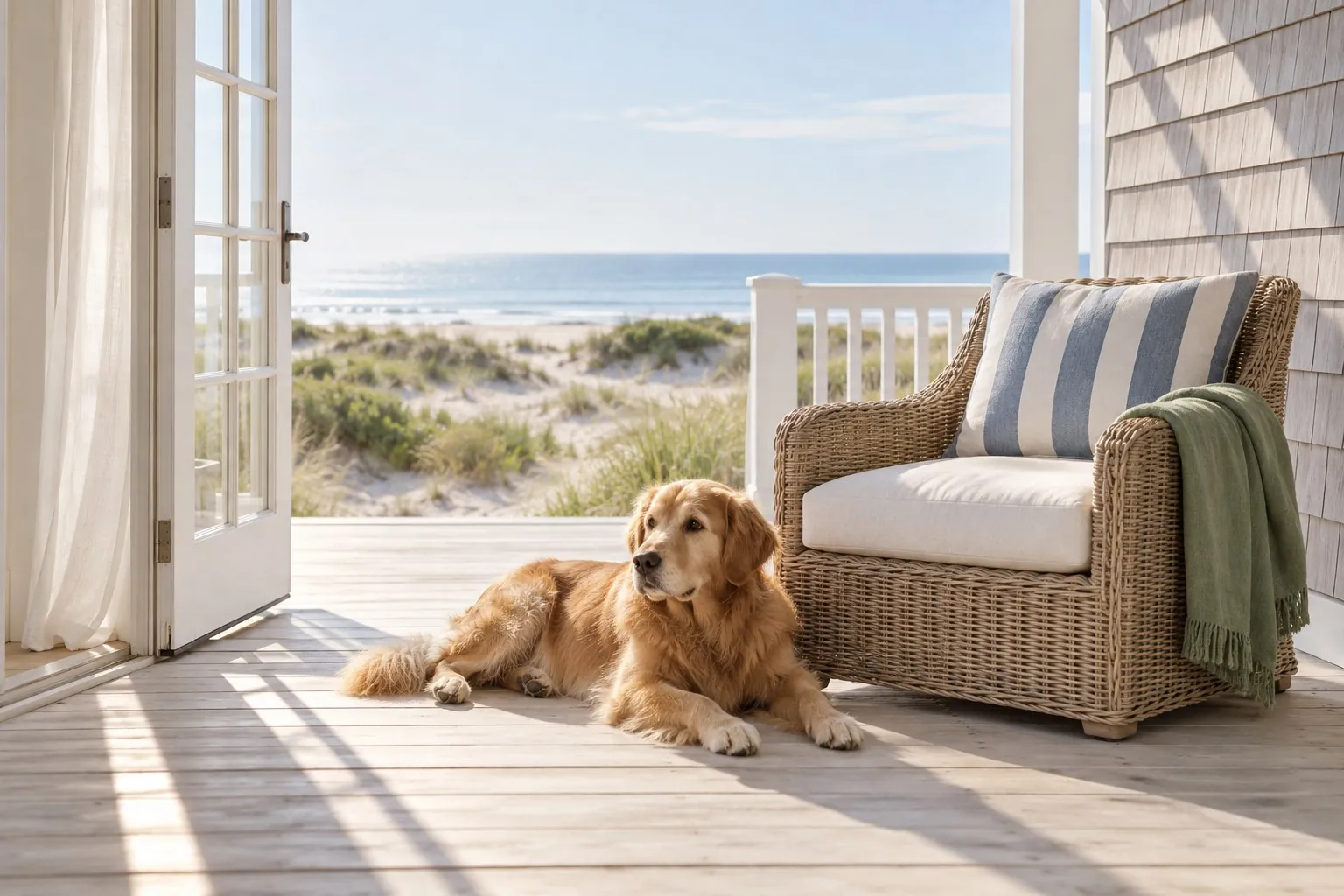 Charlie the golden retriever on the deck at first light, the sea beyond