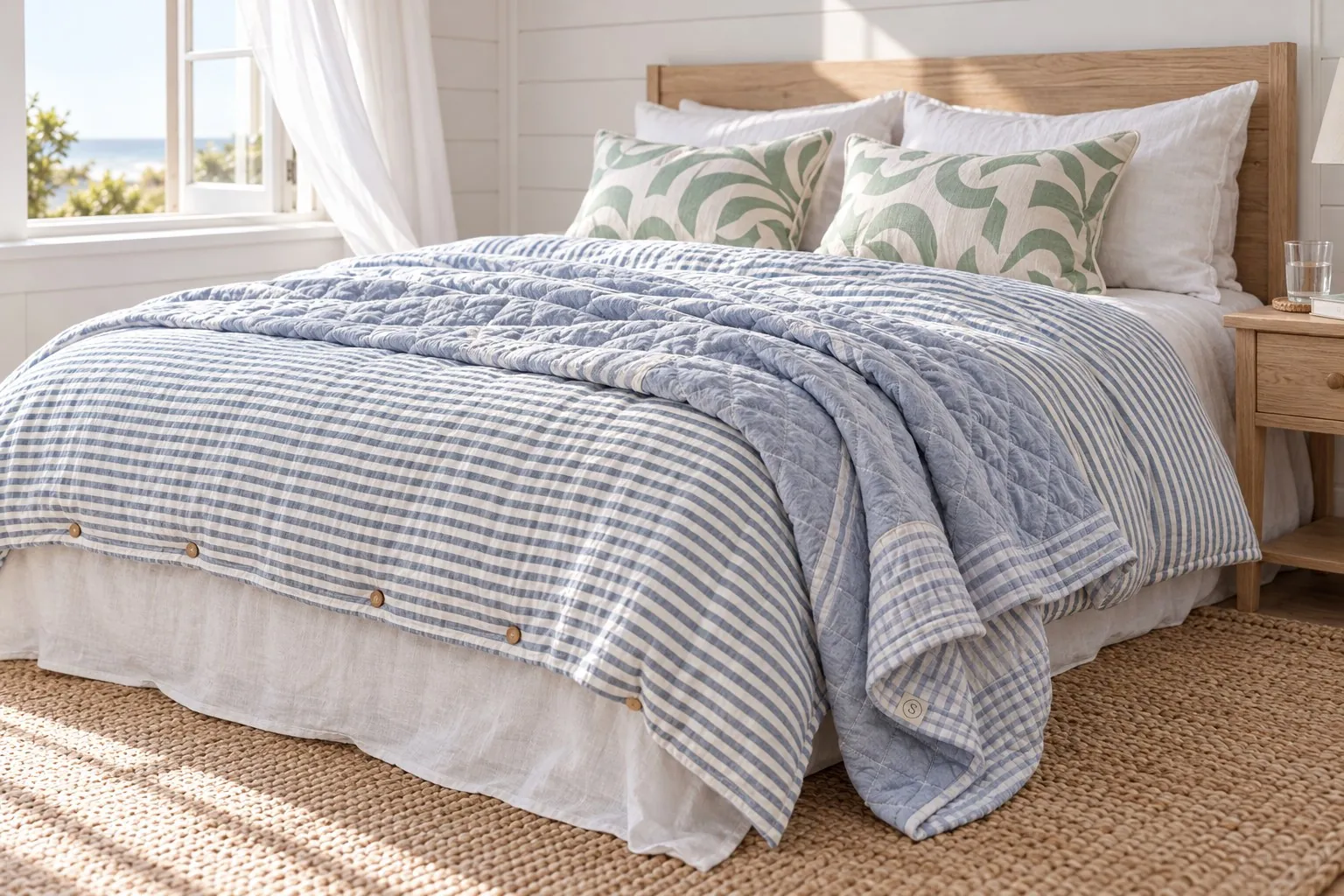 A guest bedroom made up in blue ticking and soft check