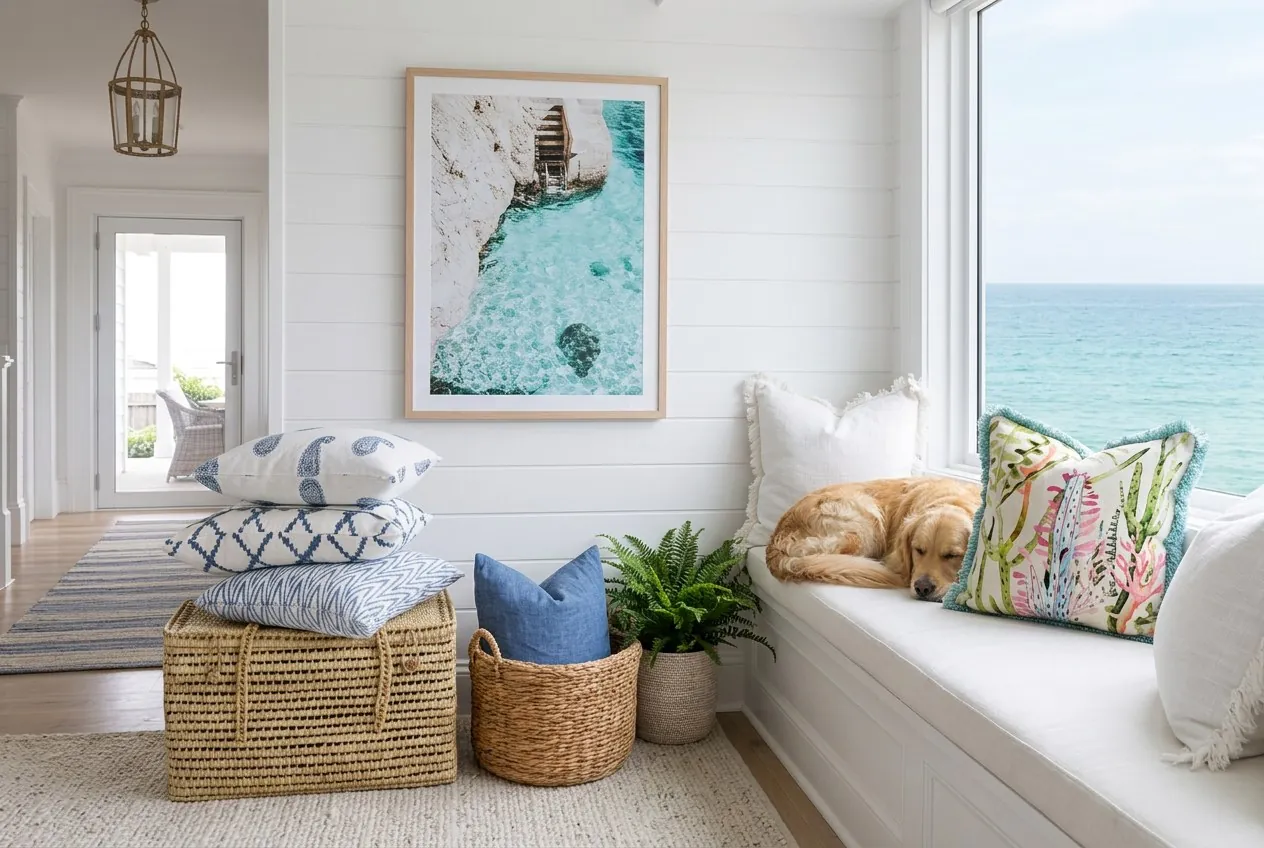 A sunny window seat by the sea, cushions and baskets below, Charlie asleep in the corner