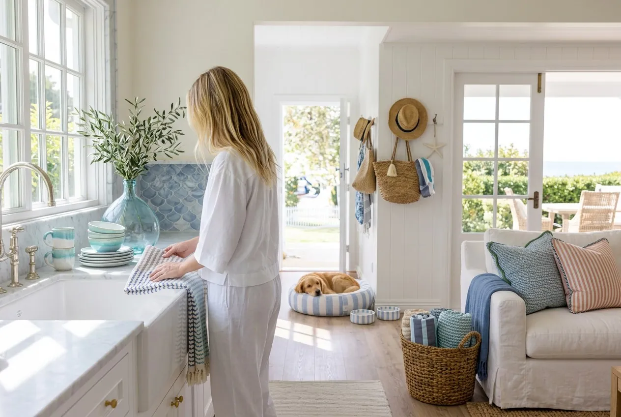 Sienna in her kitchen at morning, Charlie asleep in his striped bed by the door