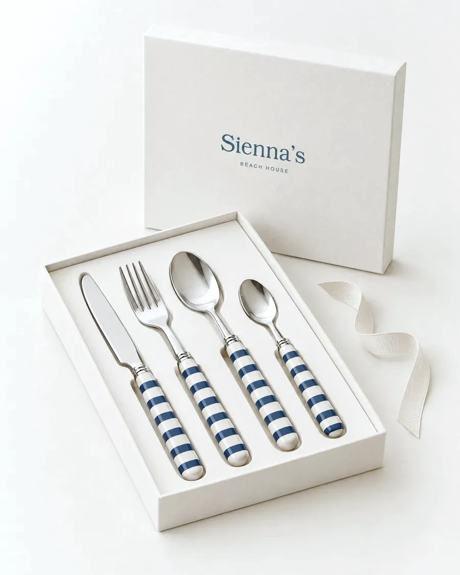 Striped cutlery set in a branded box