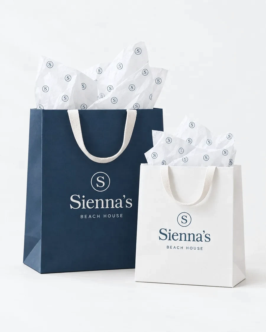 Navy and white gift bags