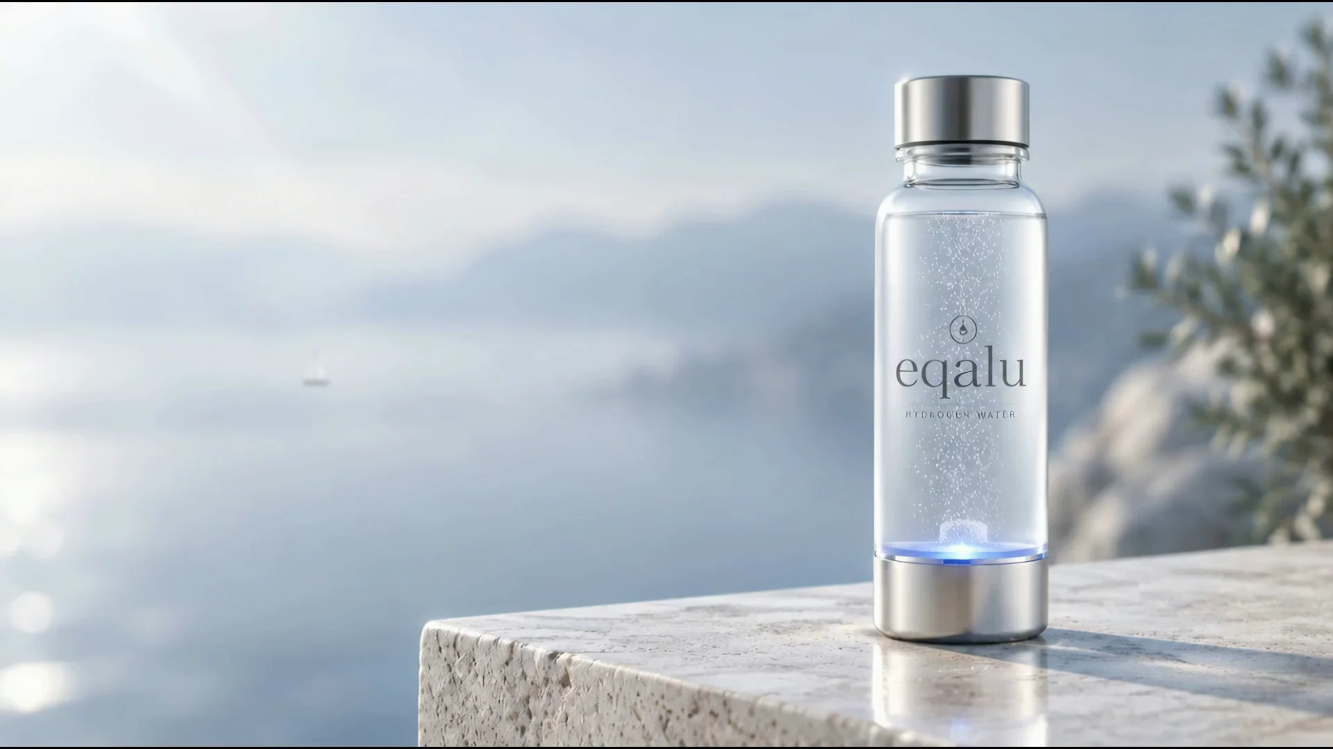 An Eqalu hydrogen water bottle on stone above a misty valley