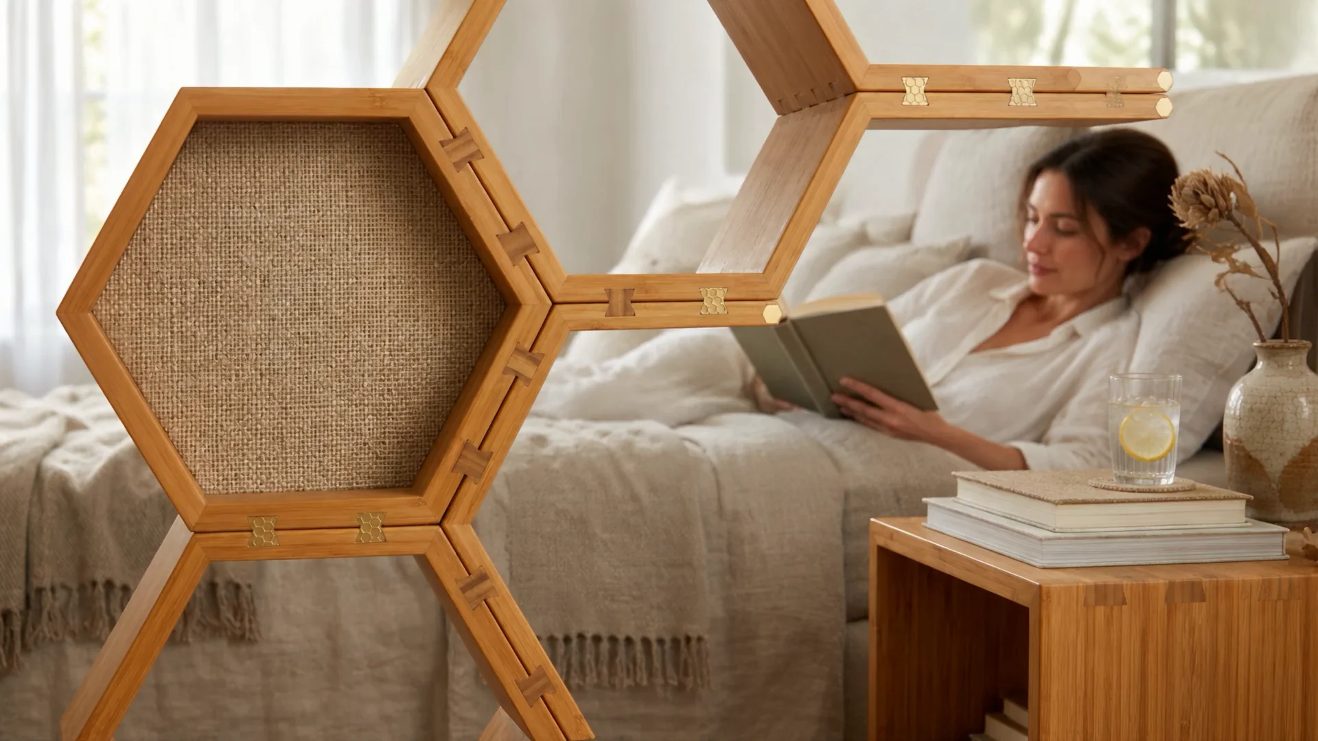 A woman reading in bed beside a bamboo Honeybee Hexagon shelving unit with brass honeycomb joinery
