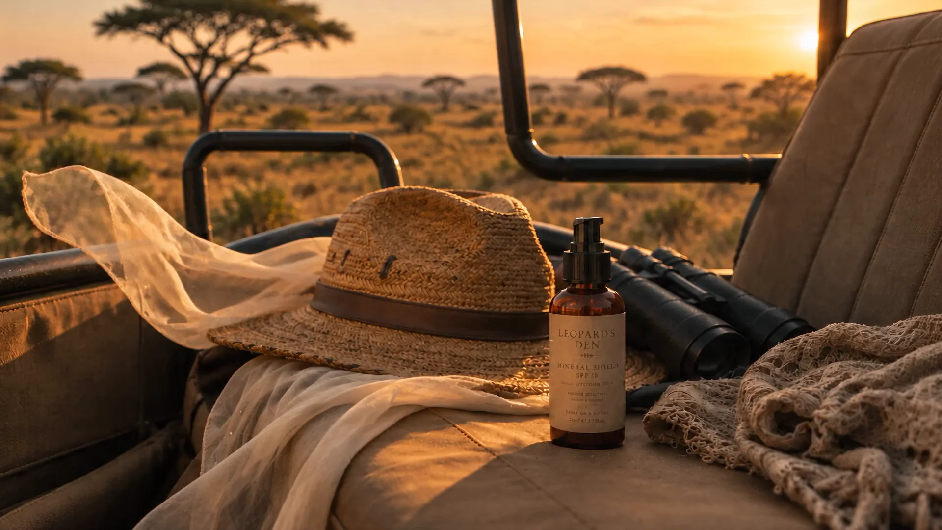 Leopard's Den Mineral Shield SPF beside a straw hat in a safari vehicle at golden hour